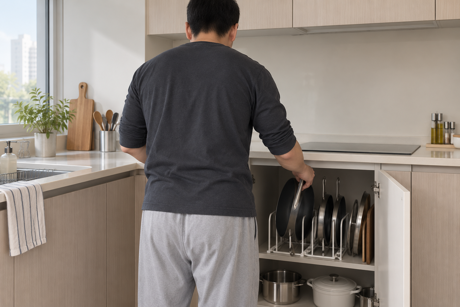 자주 쓰는 팬부터 한 손으로 꺼냈다 넣을 수 있는 자리를 찾아보세요.